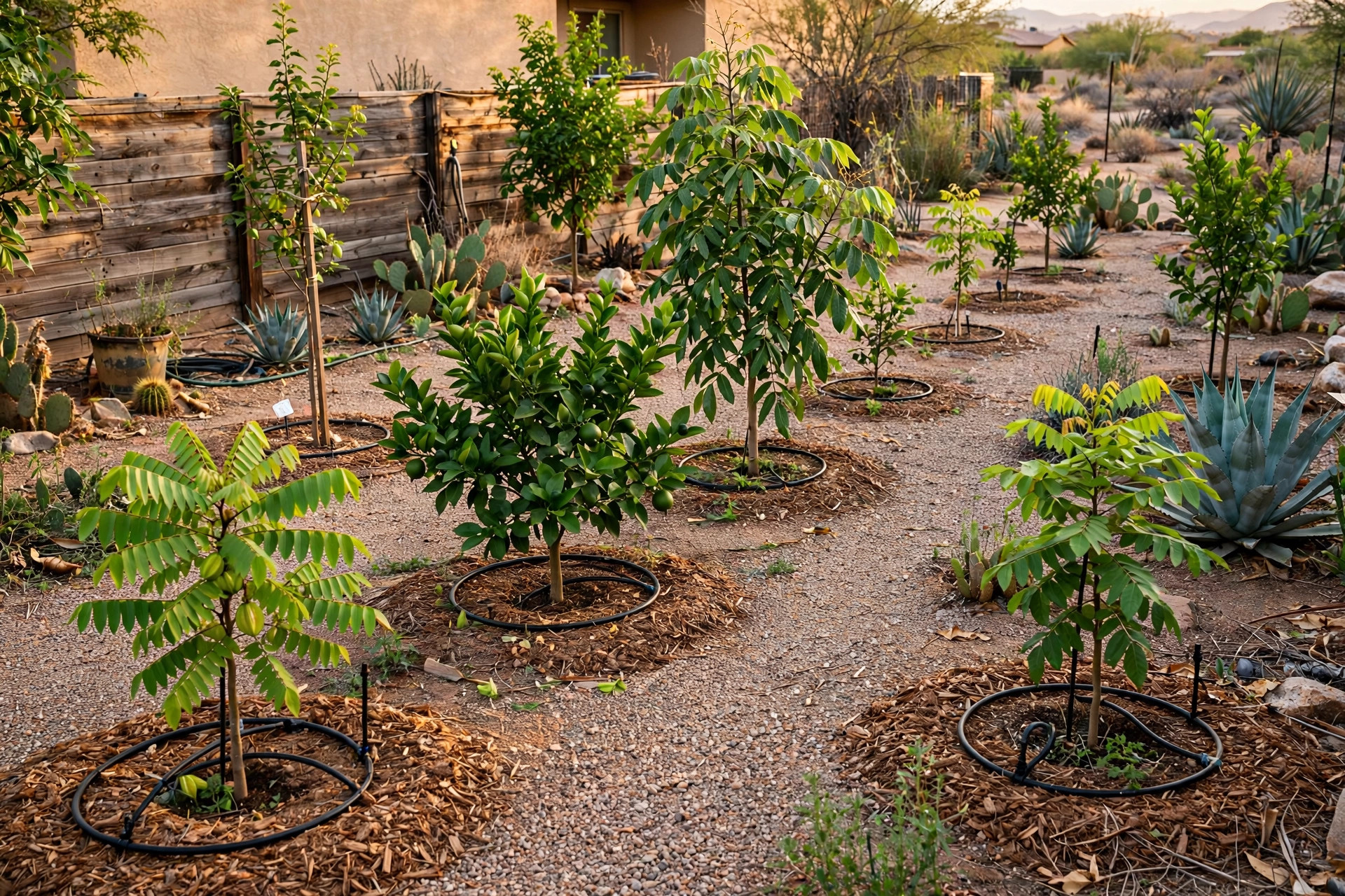 Rows of young fruit trees in a Queen Creek backyard orchard